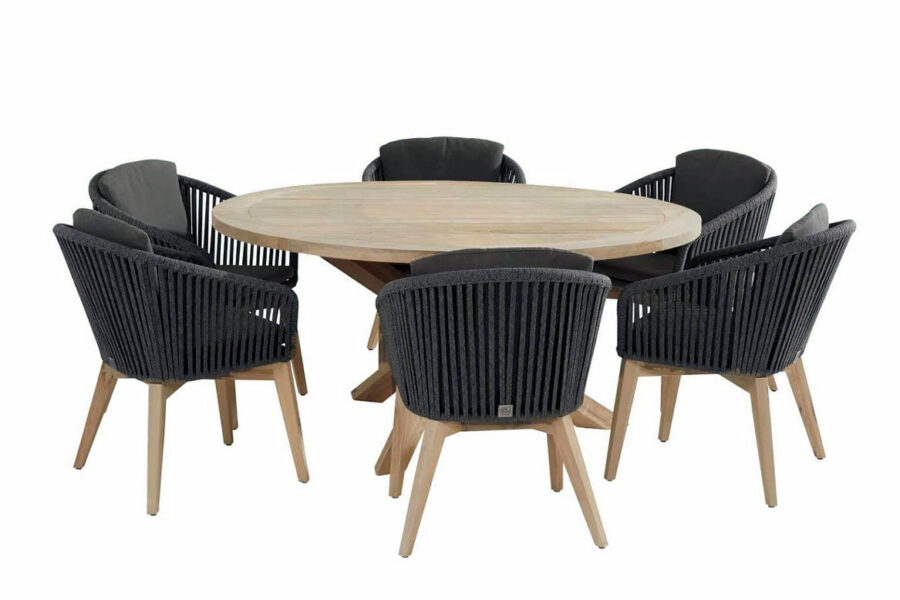 Santander dining set black with Louvre round Teak table 160cm