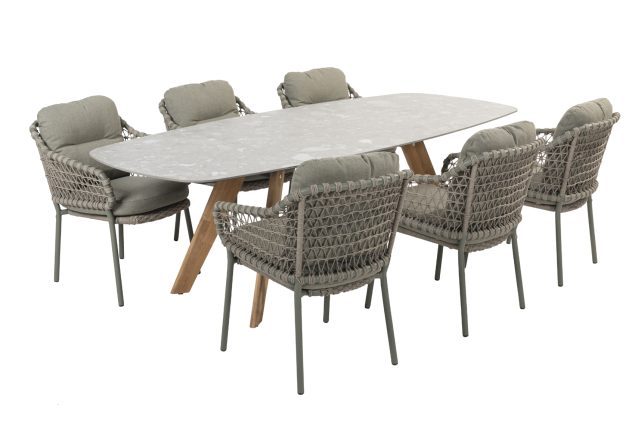 4 Seasons Outdoor Jura tuinset olijfgroen met Montana tafel met keramisch terrazzo blad 240 x 103 cm