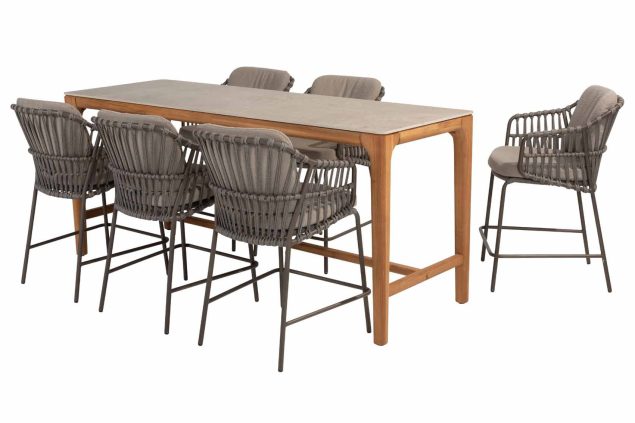 4 Seasons Outdoor Capalbio counter set met Liam tafel teak tafel met keramisch blad 220 x 100 cm