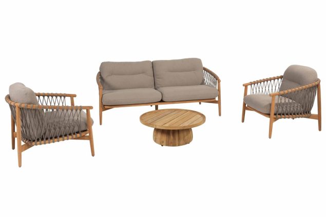 4 Seasons Outdoor Nora loungeset naturel teak met Pablo loungetafel Ø 80 cm