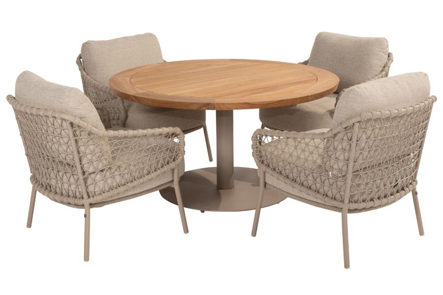 4 Seasons Outdoor Sardinia low dining set latte met Saba tafel latte met teak blad Ø 130 cm