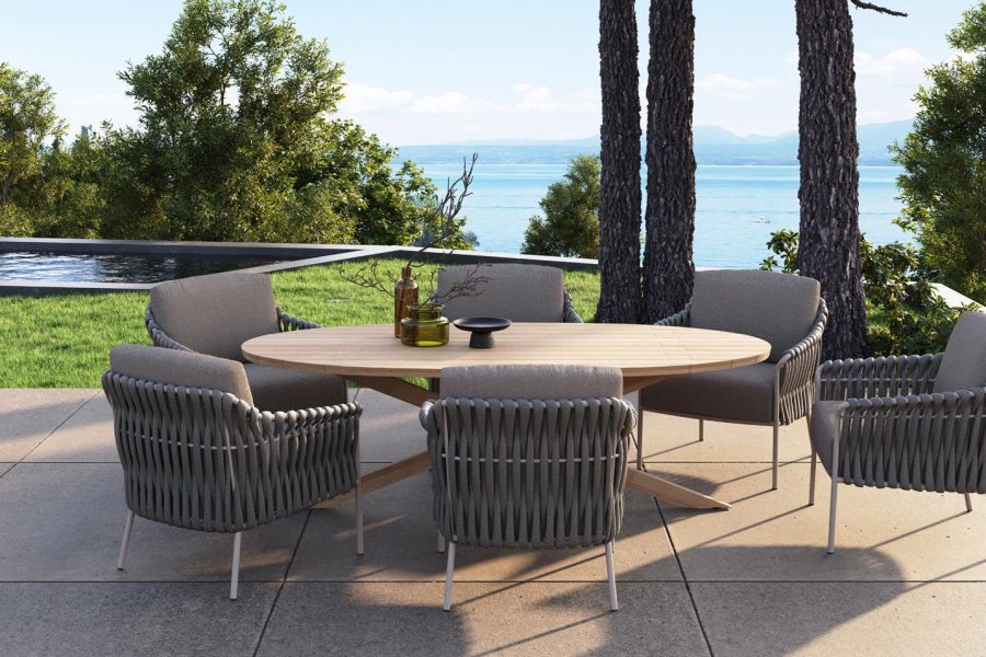 4 Seasons Outdoor Comino low dining set latte met Prado tafel ellips blad 240 cm