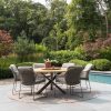 4 Seasons Outdoor Moretti dining set terre met Prado tafel terre met teak blad Ø 160 cm op outdoor vloerkleed Ø 300 cm