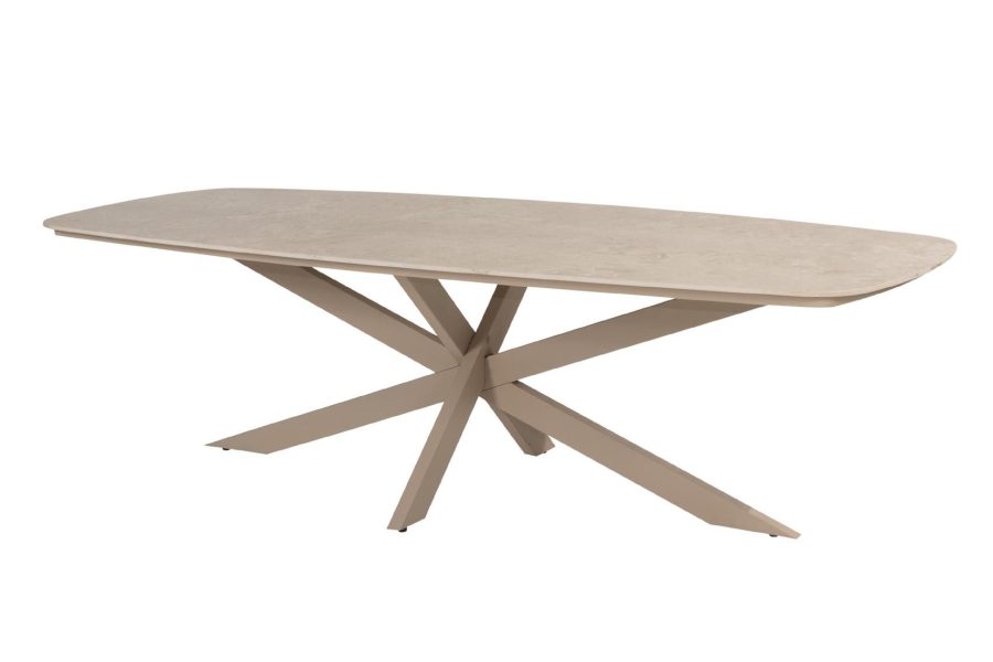 4 Seasons Outdoor Nevada low dining tafel latte met zandkleurig keramisch blad in barrelvorm 250 x 105 cm