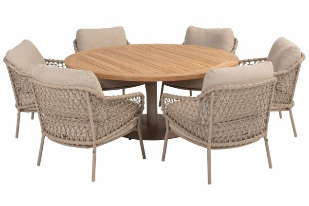 4 Seasons Outdoor Sardinia low dining set latte met Saba tafel latte met teak blad Ø 160 cm