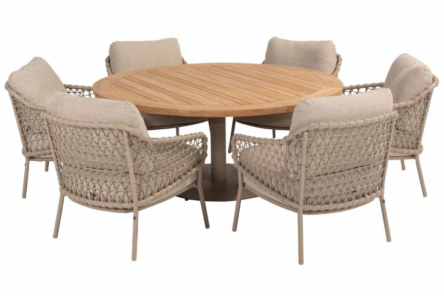 4 Seasons Outdoor Sardinia low dining set latte met Saba tafel latte met teak blad Ø 160 cm