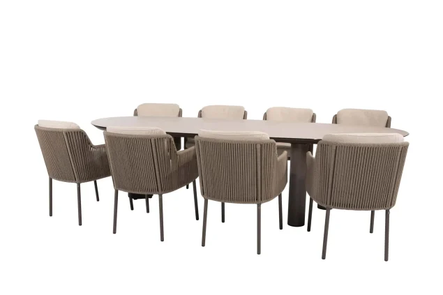 4 Seasons Outdoor Bernini tuinset terre met Denia tafel met mangovormig blad 290 cm