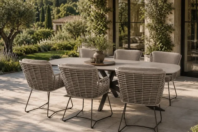 4 Seasons Outdoor Fabrice tuinset terre met Prado tafel met keramisch blad in barrelvorm 240 x 105 cm SALE